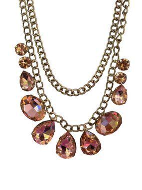 Vintage Gold Tone Double Chain Necklace Peach Glass Rhinestones Layered Adj 16"
